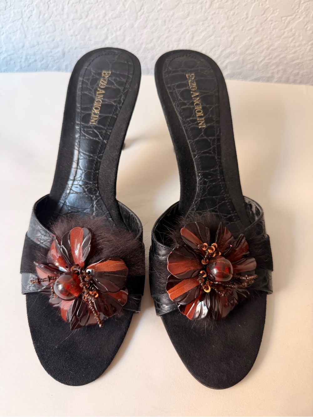 Vintage Enzo Angiolini Black Croc Embossed Mule Heels | Feather Floral Toe EUC - Picture 2 of 9